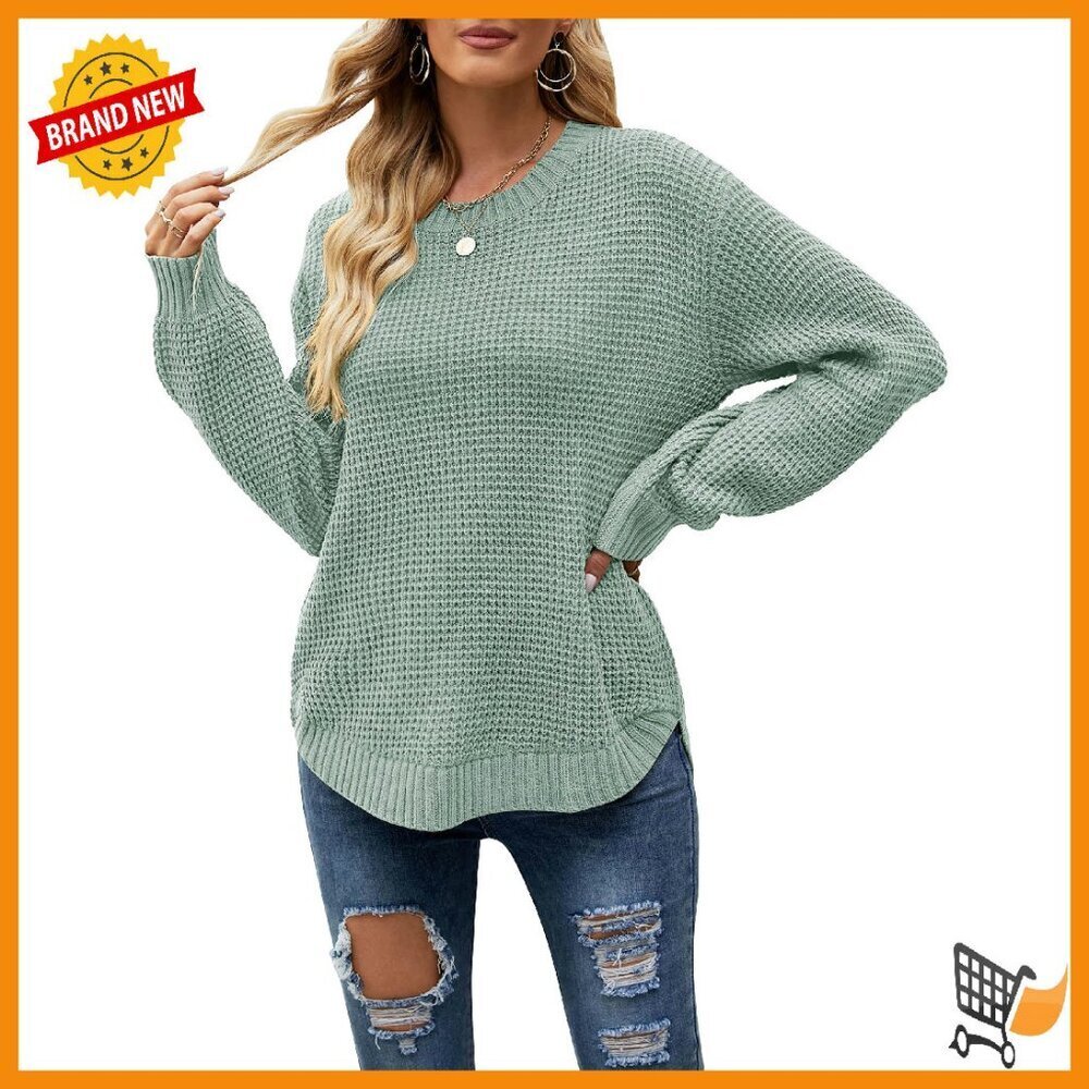 Women's Long Sleeve Waffle Knit Pullover Sweater Crew Neck Casual